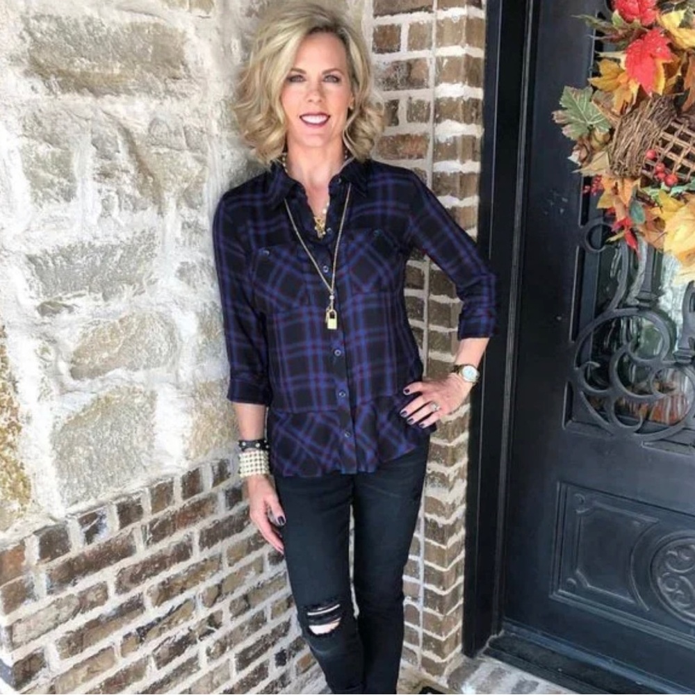 CAbi Moody Plaid‎ Button Up Peplum Button Down Shirt Size XSmall